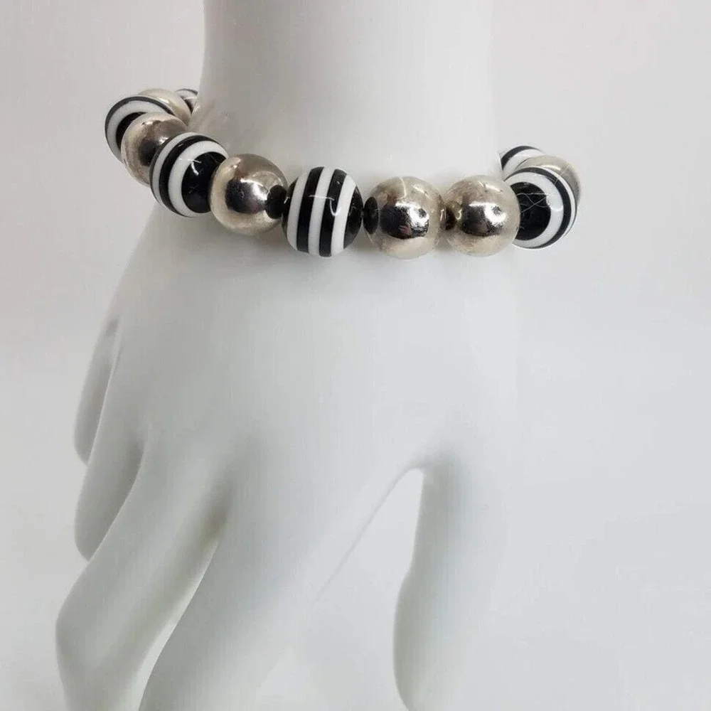 Chic Black‎ White Stripe Silver Tone Beaded Stretch Bracelet Fashion Jewelry